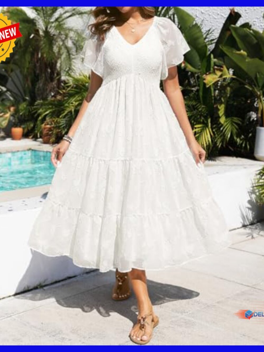 Maternity Midi Dress Flutter Sleeve Smocked Top A-Line Casual Summer - Picture 6 of 7